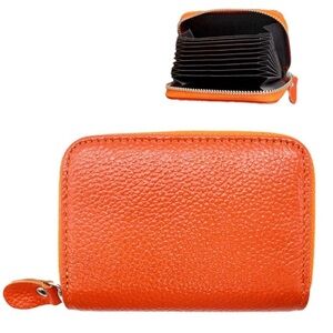 ✨Host pick✨Compact Orange Genuine Leather Pebbled Zip-Around Accordion Wallet